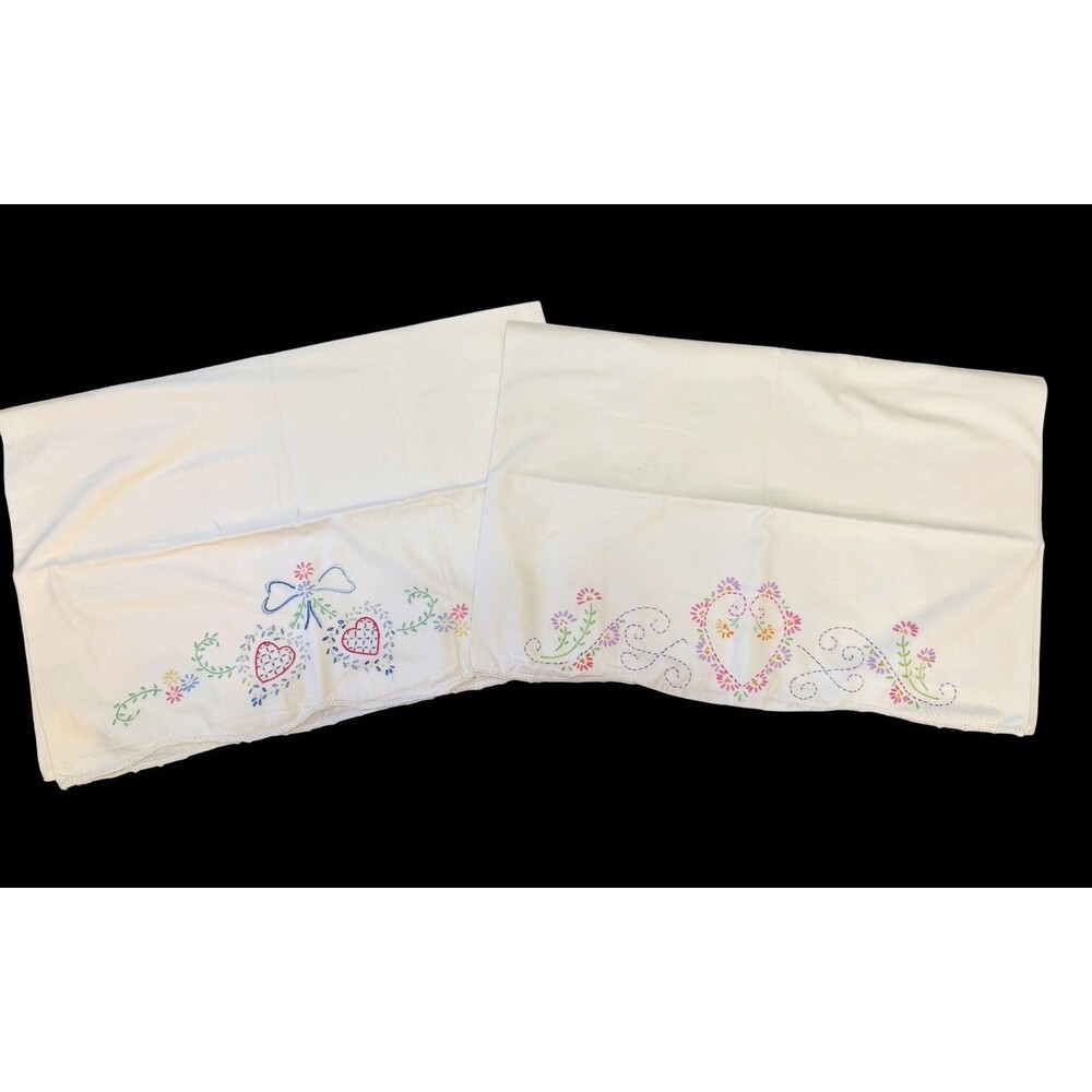 2 Vtg Standard Hand Embroidered Pillowcases Floral Heart Scalloped Cottage Decor